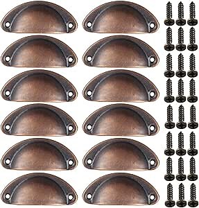 Cabinet Cup Pulls Rustic Copper, Small Metal Kitchen Cabinet Handles, 12 Pack Furniture Door Hardware Knobs with Screws for Chest of Drawers Cupboard Dresser Wardrobe