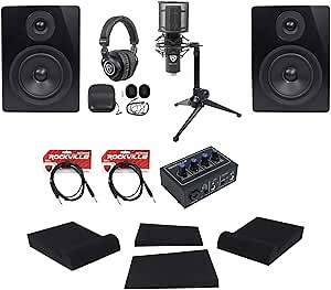 Rockville ROCK-U MINI Computer Recording Interface bundle with RCM PRO Mic, PRO-M50 Headphones, (2) APM5B Speakers, RDTS Desktop Tripod, (2) RRS190S Isolation Pads & (2) RCTR106B Cable (7 items)