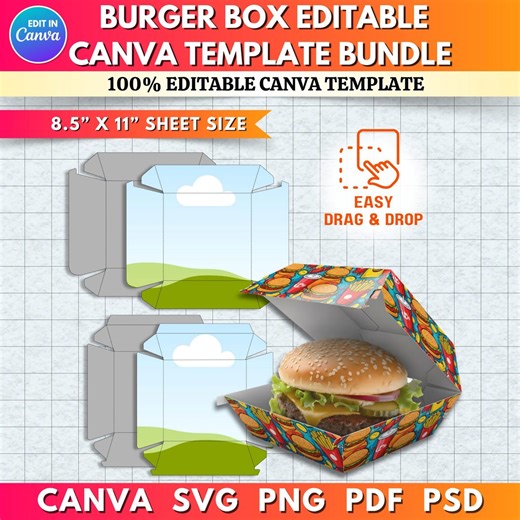 Burger Box Template | Hamburger & Cheeseburger Box SVG | Printable Takeout Packaging, Editable Canva Template, DIY Burger Container Digital - Etsy