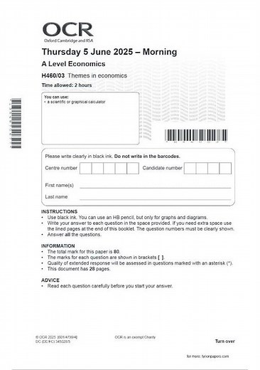 2025 OCR A LEVEL Economics Paper 1, 2 & 3 QUESTION PAPERS AND MARK SCHEMES