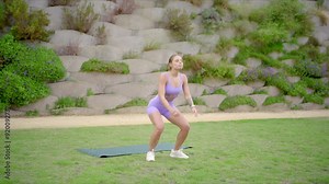 A fit and strong woman is passionately exercising outdoors on her yoga mat, showcasing her impressive athletic skills and unwavering dedication to both fitness and overall health improvements