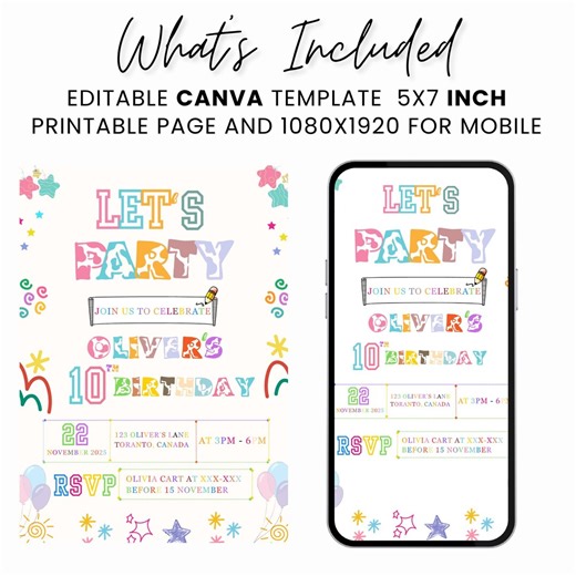 Simple Colorful Birthday Invite, Bright and Cheerful Party,let's Party Invite , Birthday Invitation Template - Etsy