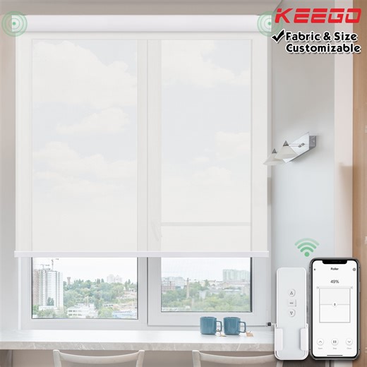 Keego Roller Sun Shade Motorized Blinds Smart Blind Window Shades Light Filtering Roller Shade with Valance Insulation Remote Control Custom Rechargeable Battery Child Safety White 21"w x 56"h