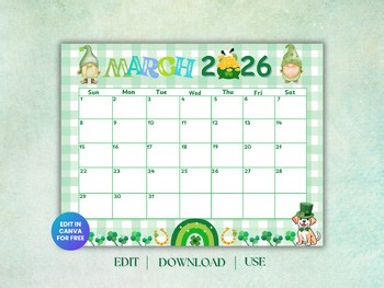 March 2026 Calendar | Editable St. Patrick’s Day Theme | Instant Download