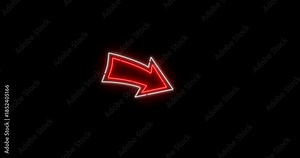 Red neon arrow pointing to a glowing circle frame icon animation for advertising and marketing isolated on black background.