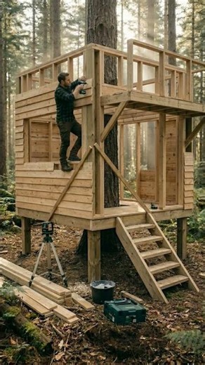 Treehouse Build in Forest | Minimalist Wooden Tree Cabin #timelapse #tinyhouse #trending
