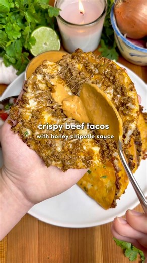 Crispy Beef Tacos with Honey Chipotle Sauce 🌮 (Recipe is pinned in comments & in the description)