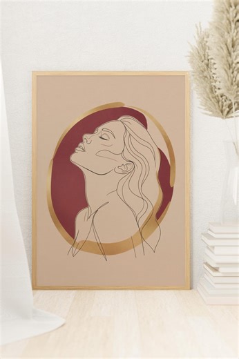 Minimal Line Art Woman With Warm Abstract Halo - Etsy