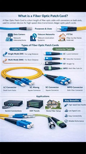 Hitech Optical Fiber on Instagram: "🟢 What is a Fiber Optic Patch Cord? A fiber optic patch cord is a short, flexible fiber cable with connectors on both ends, designed to connect network devices with high-speed and low-loss data transmission. It is widely used in data centers, telecom networks, and FTTH (Fiber to the Home) installations. Available in Single Mode (SM) for long distances and Multi Mode (MM) for short distances, with popular connectors such as LC, SC, ST, and MPO. Fiber patch cor