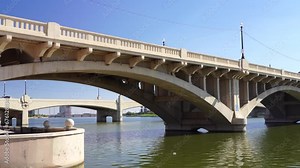 Tempe Town Lake Bridges in Tempe Arizona, America, USA. A beautiful spot to see the Temps skyline and two bridges crossing the town lake.