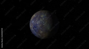 CGI composite: zooming in to planet Mercury rotating, half lit with a starry background.
