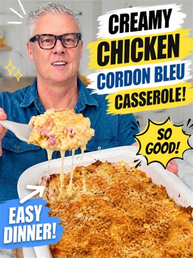 Dump & Bake Chicken Cordon Bleu Casserole Ingredients Base: 8 oz extra-wide egg noodles (cooked al dente), 2 cups cooked chicken breast (chopped), 8 oz cooked ham (sliced or cubed), 8 oz Swiss cheese (cubed). Creamy Sauce: 1 can cream of chicken soup, 1/2 cup 2% milk, 1/2 cup sour cream. Topping: 1/3 cup bread crumbs, 1/4 cup fresh Parmesan cheese, 2 tbsp melted butter, a pinch of Italian seasoning. Instructions Prep: Preheat oven to 350°F. Grease a 9x13 casserole dish. Mix Sauce: Whisk together