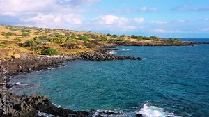 Aerial drone view of the ruins of the ancient Hawaiian village at Lapakahi State Historical Park, Hawaii Island, Hawaii. Stock Video