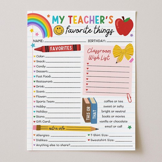 Teacher Favorite Things List Template, Teacher Questionnaire Printable, All About My Teacher Classroom Survey, Edit With Canva - Etsy