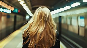A woman with long blonde hair standing in a subway station