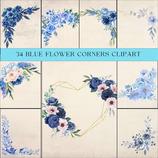 34 Watercolor Blue Rose Clipart Borders & Corners Commercial Use Included) - Etsy