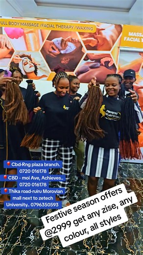 MEGA OFFERS ON ARTIFICIAL LOCS @2999 ALL LENGTHS ,ALL COLOURS(hair wash treatment blowdry locs installation styling)ALL LENGTHS AND ALL COLOURS ,BOTH PLAIN AND MIXED.NB NO EXTRA COST. 🛑UG TEMPORARY LOCS =4000 (pure crotchet ,no wax) 🛑HUMAN HAIR LOCS =10K 🛑Artificial sisterlocs extensions =10k WAX RETOUCH @699 only. CROTCHET RETOUCH@999 ONLy WRAPPING RETOUCH @1200 only 🛑ARTIFICIAL LOCS UNDO=1500(GET FREE WASH AND BLOWDRY). OPENING 👉Monday to Sunday WE ACCEPT WALK INS Visit any of our branche