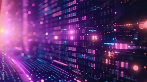 Binary code on a digital screen with a pink and blue background.