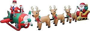 Two Christmas Party Decorations Bundle, Includes Animated 8 Foot Long Christmas Inflatable Santa Claus with Penguins on Airplane, and 12 Foot Long Lighted Santa Claus on Sleigh with 3 Reindeer