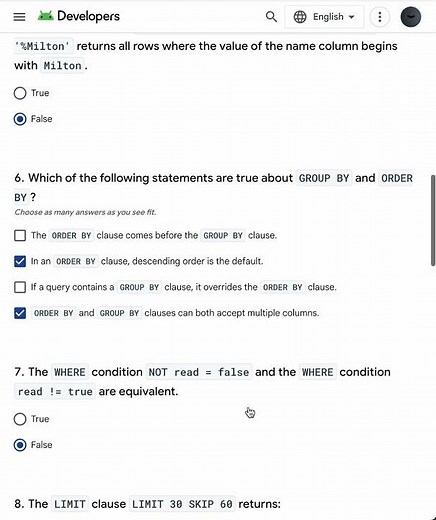 Introduction to SQL quiz answers || Unit 6: Data persistence