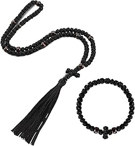 Landical 2 Pcs Chotki Orthodox Prayer Rope 100 Knots with Christian 33 Knots Handmade Bracelet Charm Greek Rosary Protection Blessing Cross Gifts Tassel Car Hanging Home Ornament(Red,Tassel Style)