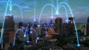Concept of communication in a smart city, aerial view of the growing 5G wireless network over the cityscape. Growing digital lines. Social media, digital grid, Wireless Technology, 5G, Smart City. 4k