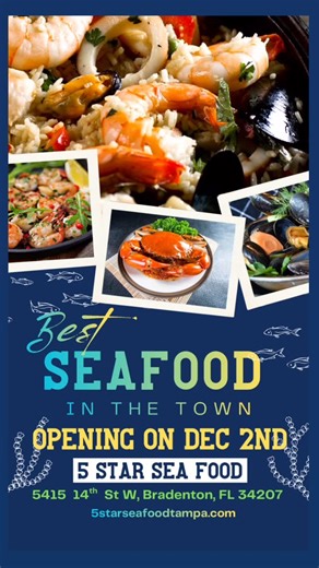 Bradenton… the BEST seafood in town is almost here! 🔥🐟 From shrimp to crab to fresh coastal flavors — 5 Star Sea Food is opening on December 2nd, and we’re bringing the heat. 👨‍🍳💙💛💚 📍 5415 14th St W, Bradenton, FL 34207 Save the date. Bring your people. Get ready to taste the hype. Bradenton, you’re about to level up your seafood game! #bradentoneats #bradentonfoodies #bradentonrestaurants #bradentonfl #bradentonlife #sarasotafoodies #sarasotarestaurants #lakewoodrancheats #manateecounty