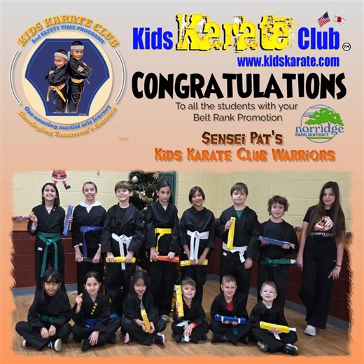 To all students at The Norridge Park District / Kids Karate Club Programs - Congratulations on your promotion and advancement to the next belt rank! Your hard work, dedication, and positive attitude truly show. We are proud of your progress and grateful to our parent helpers for their continued support and encouragement. Keep up the great work—this is just the next step in your journey! On Wednesday night, every student testing was being evaluated on what they’ve learned over the past session. E