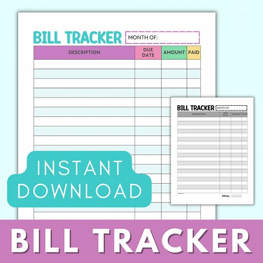 Monthly Bill Tracker Printable, Colorful Bill Payment Checklist, Monthly Bill Log, Bill Organizer Finance Planner A4 Letter Instant Download - Etsy