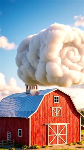 Floating Cow Made of Clouds Changes Shape Above a Barn