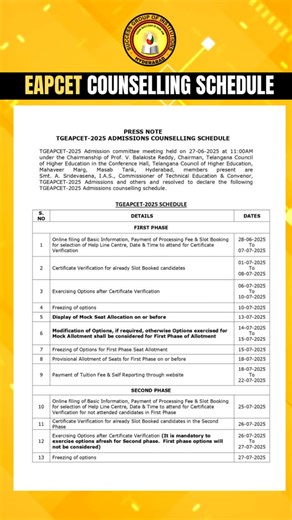 Success Group of Institutions | TGEAPCET-2025 Counselling Schedule is OUT From slot booking to certificate verification, seat allotment to tuition fee payment — all dates... | Instagram