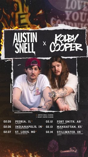 Kolby Cooper on Instagram: "First stop with the homie @austinsnellmusic TONIGHT in Peoria, IL. Whose coming??? 👀 2/5: Peoria, IL 2/6: Indianapolis, IN 2/7: St. Louis, MO 2/12: Fort Smith, AR 2/13: Manhattan, KS 2/14: Stillwater, OK"