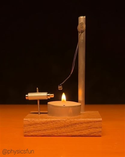 physicsfun on Instagram: "Curie Point Heat Engine: when the magnet on the end of the wire heats up to a particular temperature (the Curie point) its magnetic field is temporarily lost until it cools. This engine design uses a second magnet to pull the swinging magnet back into the heat source (in this case a tea light candle flame) once the magnetic field is reestablished. Repetition of this process creates mechanical motion as long as the heat source is fueled. ➡️ Follow the link in my profile