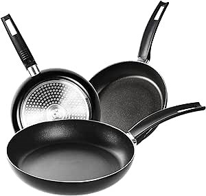 3-Piece Non-Stick Frying Pan Set - 8 Inch, 9.5 Inch and 11 Inch Skillet, Induction Compatible Cookware (Black)