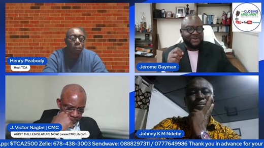 "THE CLOSING ARGUMENT'' Thursday, December 4, 2025, Edition MEET OUR TEAM OF PANELISTS: Chairman Ben Sanvee Sarah Dopoh Dr. Henry Peabody St. Tomalin Nyenwolo George I Abu Kamara Seleke Kromah Hamed Fofana J. Victor Nagbe Jerome Gayman Sylvester Pewee Kehleboe Gongloe Robert Garguah Disclaimer: We own no copyright to songs or videos play being played in the background of this broadcast. Liberia Team Producer: Myean D Torgbean � New to streaming or looking to level up? Check out StreamYard and ge