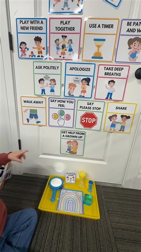 We’re setting up our Take a Break Center today 🌿 This space has our problem-solving cards on the wall and a mini version on the tray. This is one of my free choice centers that students can choose from — it’s a one-person spot where a child can come if they want a quiet moment, play with the sensory materials, and chill out. I may also send a student here if they need support. In preschool, social–emotional skills are just as important as math and literacy. If something happens in our classroom