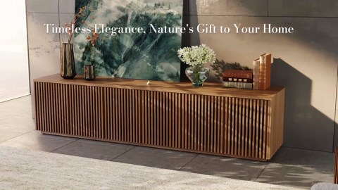 POVISON Full Assembled Mid Century Modern TV Stand, 118” Extra-Large Entertainment Center for 100 inch TV, Wood Slatted TV Media Console with Storage for Living Room Bedroom