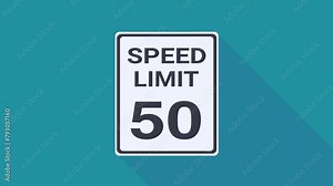 Appearance of a rectangular black and white 50 mph speed limit road sign from the USA on a blue background with long shadow in flat design style