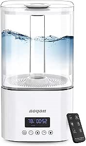 BOYON Ultrasonic Cool Mist Humidifier 5.5L, Top Fill Humidifiers with Humidistat, Cool Mist Vaporizer with 3 Mist Settings, Waterless Auto-off, LED Display with Nightlight, Last up to 40H