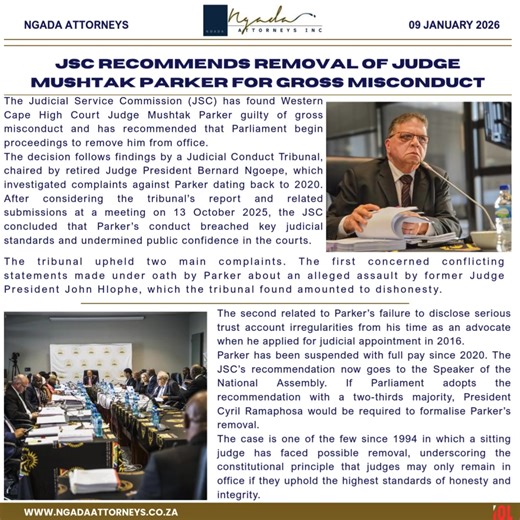 The Judicial Service Commission has ruled that High Court Judge Mushtak Parker is guilty of gross misconduct and has sent the matter to Parliament for a final decision on his removal. The findings relate to dishonesty under oath and failure to disclose past financial misconduct, raising serious concerns about judicial integrity and public trust. If Parliament approves with a two-thirds majority, Parker could become one of the few judges removed since 1994. 🇿🇦 Justice, transparency and accounta