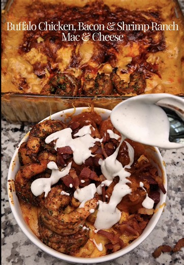 Buffalo Chicken, Bacon & Shrimp Ranch Mac & Cheese Full written recipe is now Live on Substack! Link in bio ⬆️ Your pasta nights just got better! 🍝📖 Grab your copy of my Ultimate Pasta Collection Cookbook❤️ Link in bio ⬆️