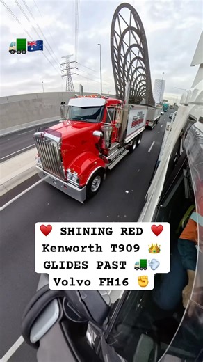 Eye-Catching Red Kenworth T909 Tipper Long Vehicle Overtakes Volvo FH16 Semi on Motorway1. Trucking.
