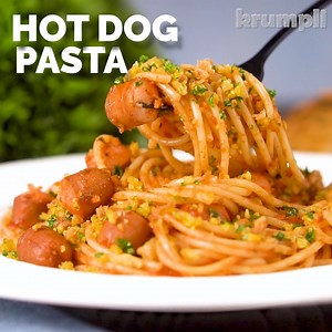 Hot dog pasta is a playful recipe that pairs spaghetti with frankfurters in a tomato sauce, topped with mustard breadcrumbs & crispy onions. It may all sound a bit silly, but it tastes delicious and is guaranteed to put a smile on the faces of young and old alike! | Krumpli - Eating In Should Be Special Too | Facebook