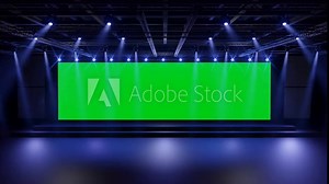 Motion Empty stage Design for mockup and Corporate identity,Display.Stage green screen in hall.Blank screen for Graphic Resources.Scene event led night light staging.Animation loop 4k.3D render.