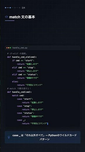 Python match文 完全ガイド — パターンマッチングでif-elifをスッキリさせる【Python 3.10+】