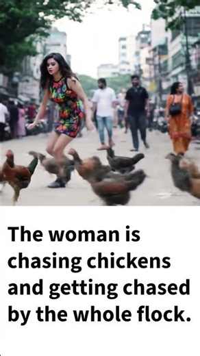 The woman is chasing chickens and getting chased by the whole flock.