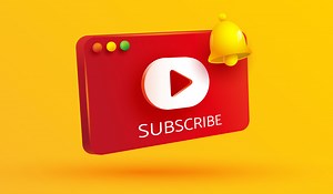 icono del botón reproducir video. signo de reproductor multimedia o símbolo de suscripción con signo de campana amarilla sobre fondo amarillo para recordatorio de medios sociales. estilo de ilustración vectorial 3d