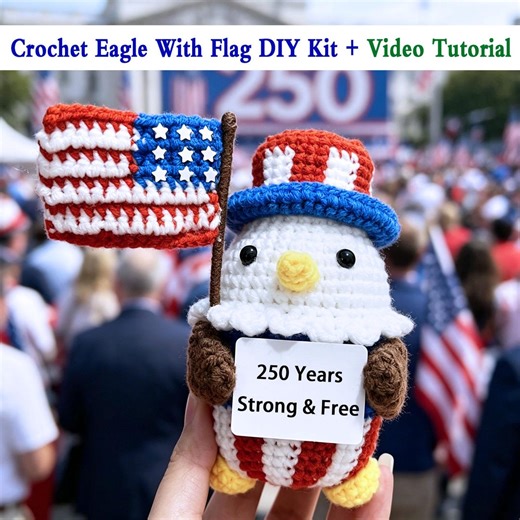Crochet Eagle With Flag DIY Kit video Tutorial,patriotic American Bald Eagle Amigurumi,usa250th Anniversary Gift,finished Crochet Eagle Flag - Etsy