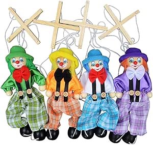 Willcome 4 Packs Clown Marionette Puppet Wooden Marionette Toys String Puppet Doll for Kids Birthday Xmas Gifts