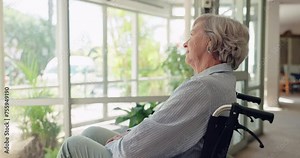 Nursing home, wheelchair and old woman with thinking, window or nostalgia with depression. Person with disability, senior lady or pensioner with idea or mental health with retirement, sad or remember